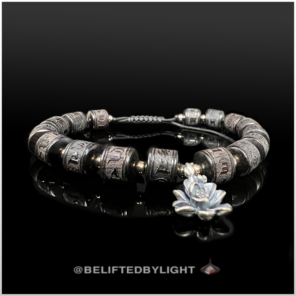 Ebony Tibetan 6 Character Prayer Wheel Mantra Bracelet with  Silver Lotus Charm